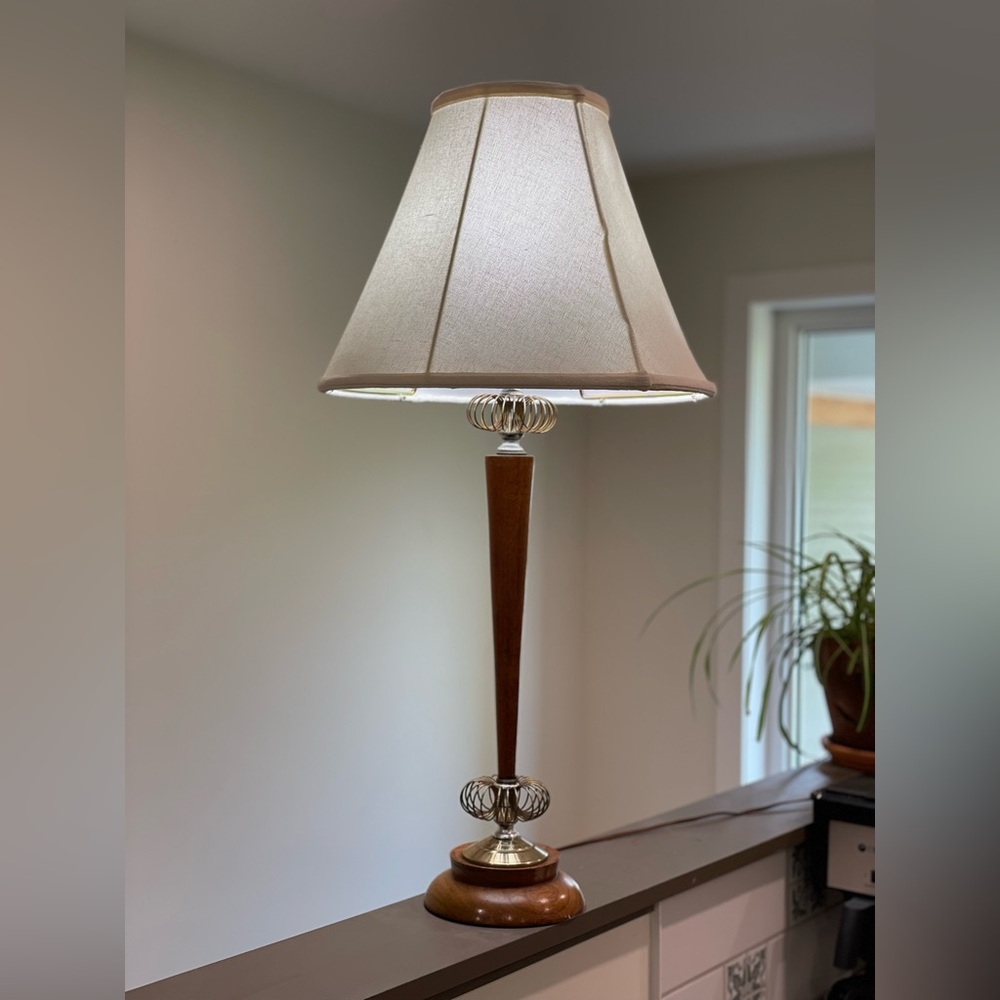 MCM Leviton Brass and Wood Lamp, 29”